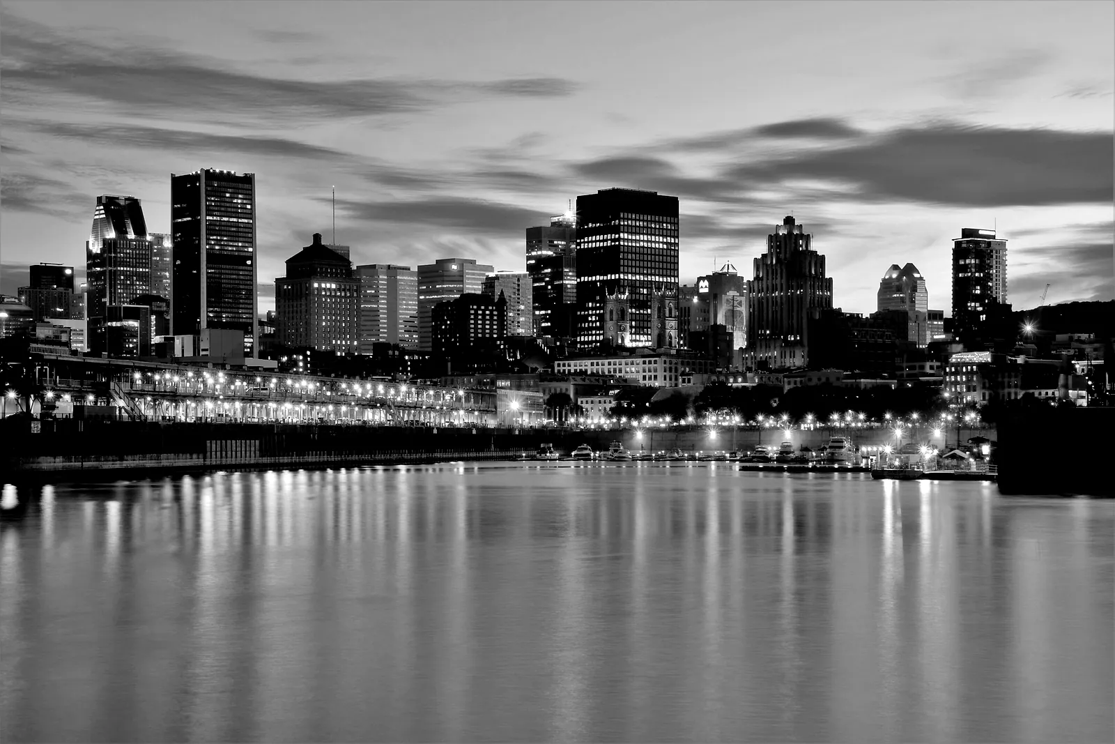 The Montreal skyline from the Old Port at dusk